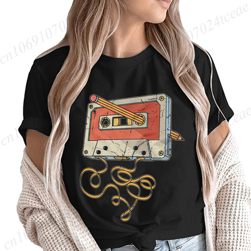 Women's Retro Tape with Pencil T-Shirt Shirt Girl's Fun Graphic T-Shirt Birthday Clothes Fashion Casual