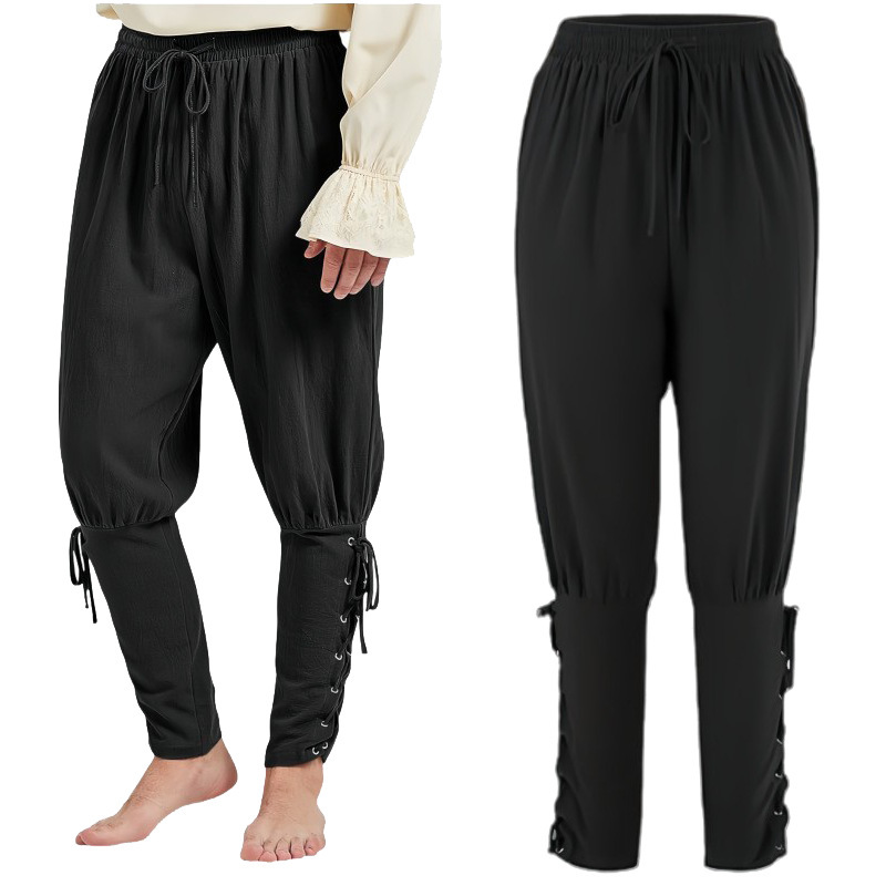 2025 Cross-border Amazon Explosions Medieval Viking Leggings Men's Cotton and Linen Trousers Ankle Strap Pants