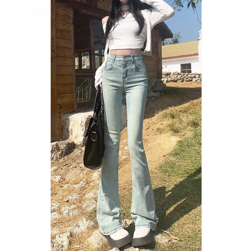 American Stretch light blue Micro-Lar Jeans Women's 2025 Spring New High Waist Slim-Fit All-Match Flare Pants