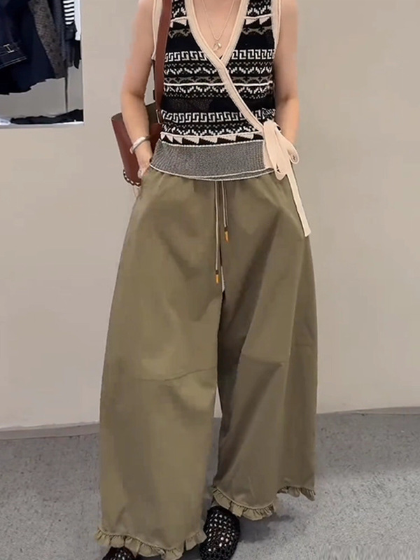 韩版复古时尚显瘦高级阔腿裤女夏款松弛慵懒宽松大摆宽松木耳花边|undefined