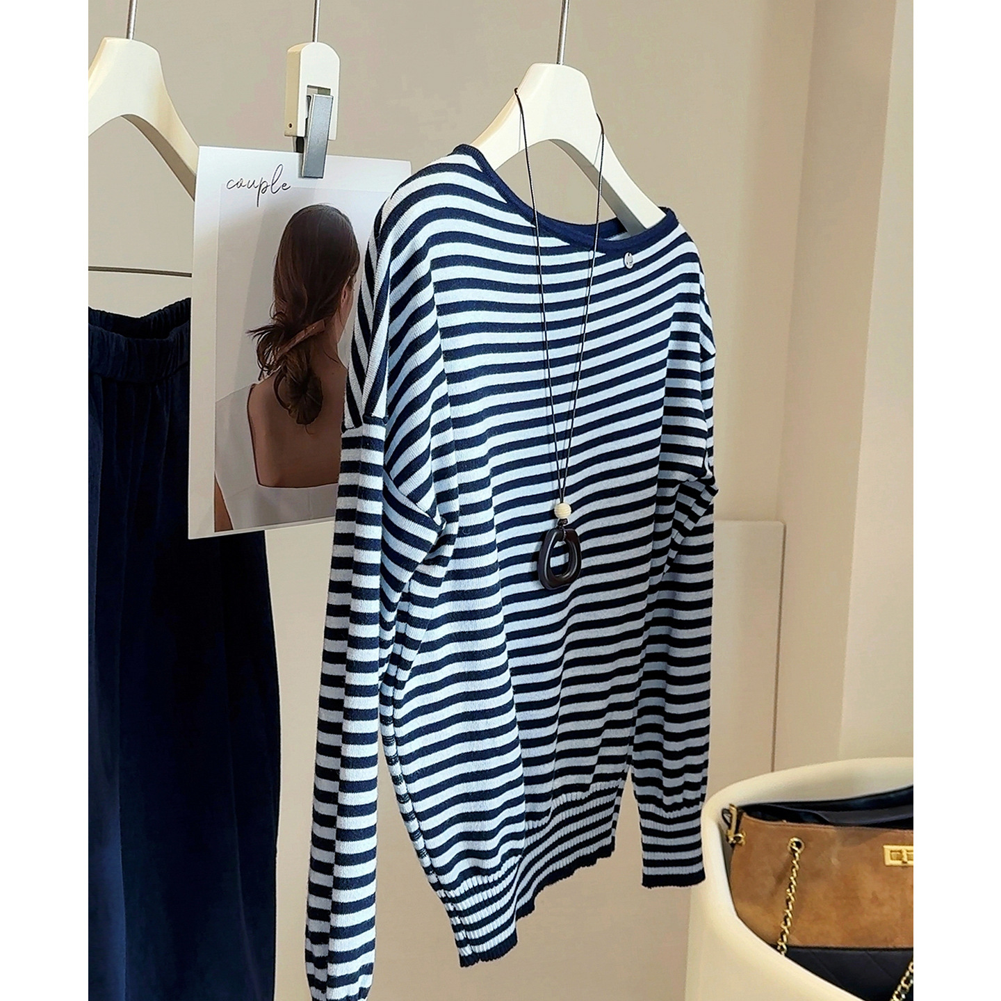 Asymmetrical Off-Shoulder Waist-Cinching Striped Long-Sleeve Knit Sweater for Women, Autumn Lazy Loose Versatile Slimming Base Sweater Top