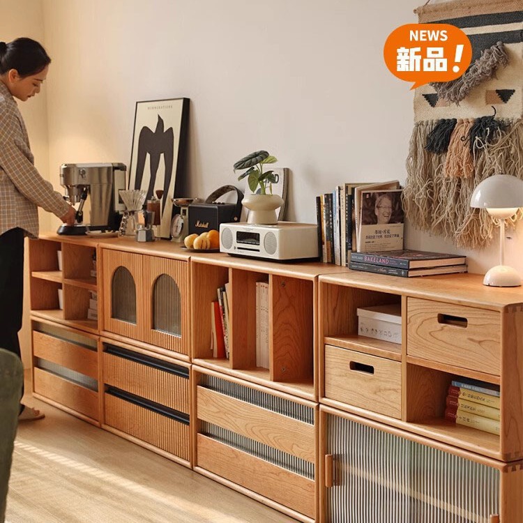 Nordic Solid Wood Bookcase Home Living Room Display Free Combination Module Cabinet Study Simple Grid Storage Locker