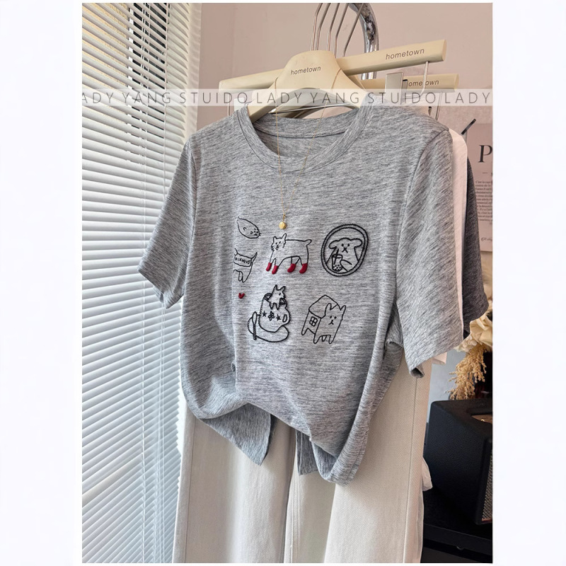 Design sense cool shoulder straight tube slimming line decoration cute kitten embroidery slub cotton short sleeve T-shirt women's thin
