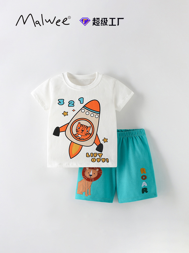 Malwee set de manga corta de verano nuevo estilo de verano europeo y americano para niños de cuello redondo guapo pantalones de guardia para niños set de dos piezas