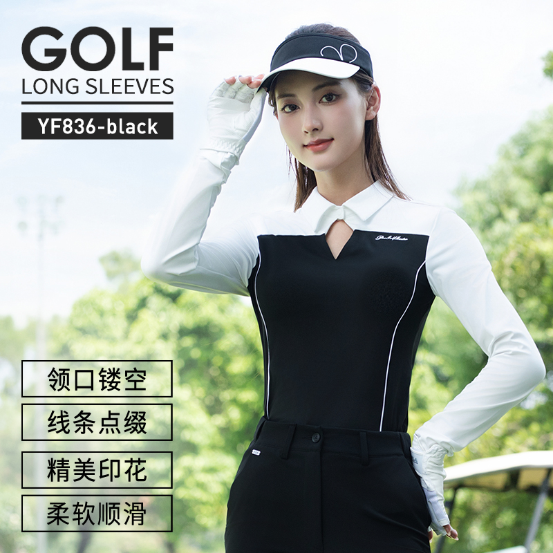 Tay áo dài màu đen [đường viền cổ rỗng/trang trí đường nét/in tinh tế] YF836
