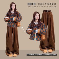 2025秋冬新款韩版气质高级感圆领外套女复古宽松显瘦阔腿裤两件套