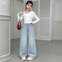 女童珍珠烫钻牛仔裤2026年春季新款中大童休闲阔腿裤直筒长裤外出