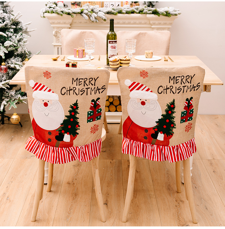 Χριστουγεννιάτικα στολίδια Γελοιογραφία δημιουργικό κάλυμμα καρέκλας Άγιου Βασίλη Κάλυμμα καρέκλας χιονάνθρωπος λινό ριγέ κάλυμμα σκαμπό_voghion.com