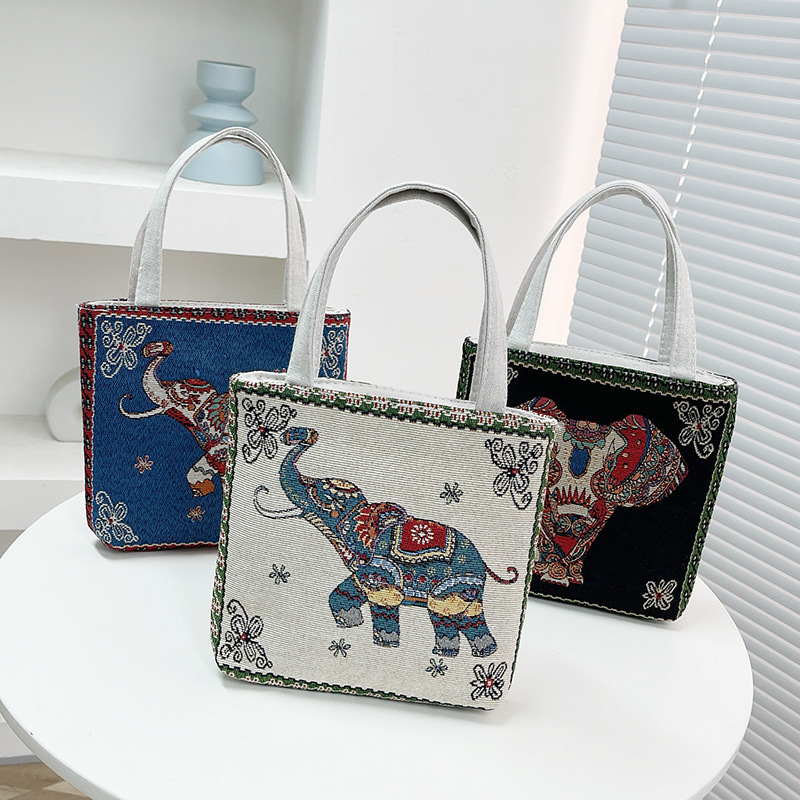 Canvas Bag Knitted Embroider Ethnic Style Elephant Small Square Bag 2024 New Cheap Casual Handbag Walking Bag