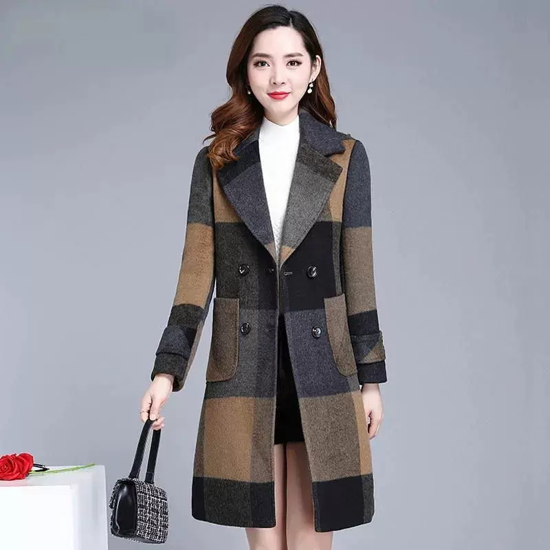 欧美跨境外贸大码加厚夹棉呢大衣时尚撞色气质百搭中长过膝外套女