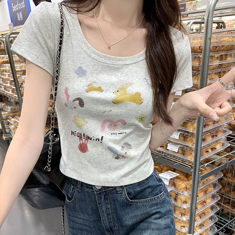 Real Shot of U-Neck Right Shoulder Short-Sleeved T-Shirt for Women Summer 2025 New Cartoon Print Design Niche Short Top Real Shot of U-Neck Right Shoulder Short-Sleeved T-Shirt for Women Summer 2025 New Cartoon Print Design Niche Short Top