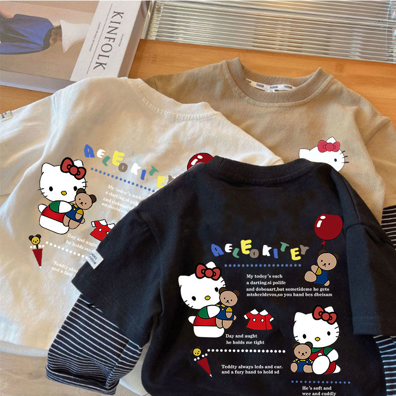 女の子長袖Tシャツ春秋子供ベビーハローキティラウンドネックボトムシャツフェイクツーピーストップt0087A008|undefined