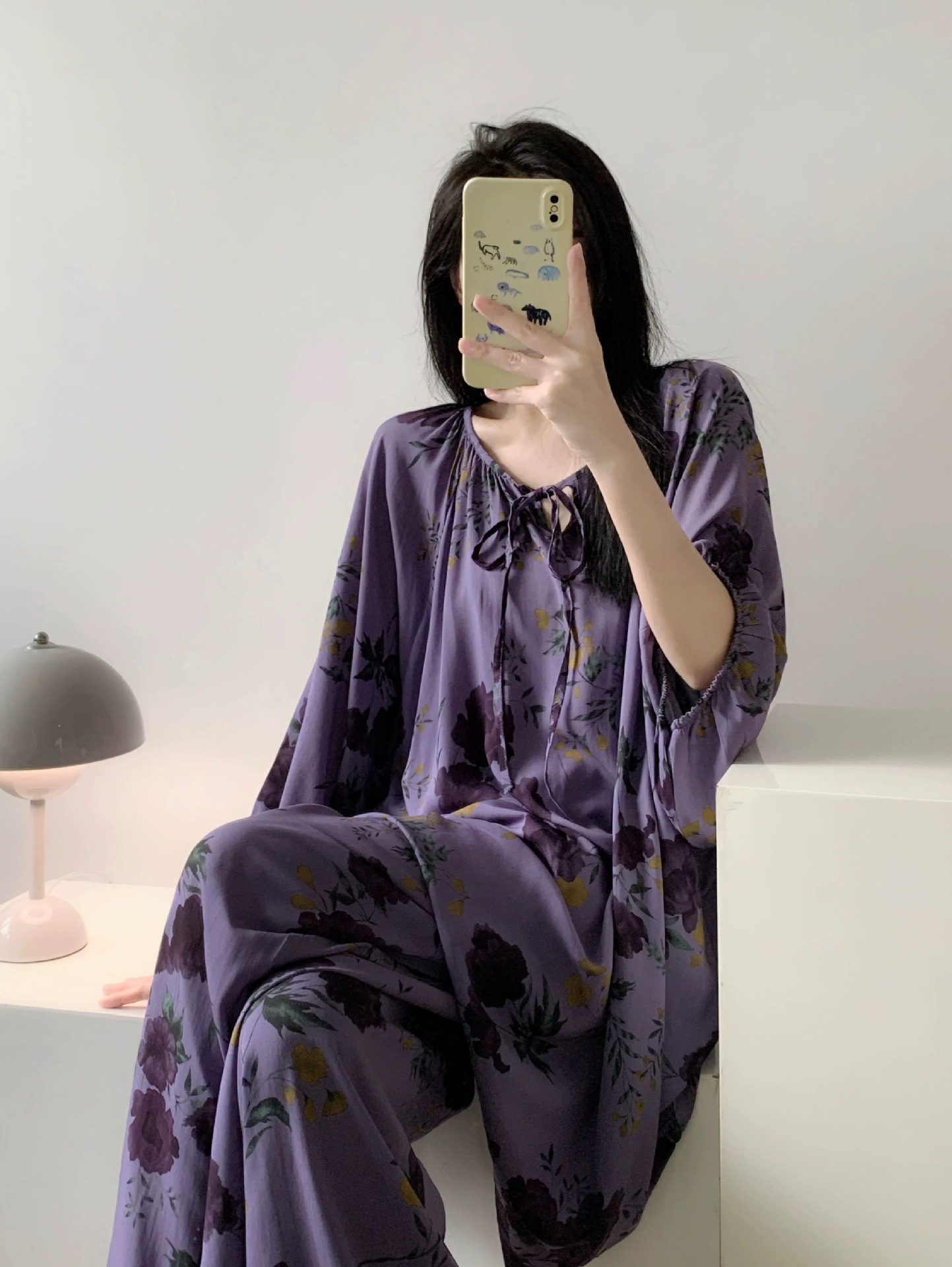 [Traje de casa de bolsillo] Pijamas de seda de algodón de primavera y verano, mangas de linterna de estilo nacional femenino, pantalones de manga larga de algodón, servicio a domicilio