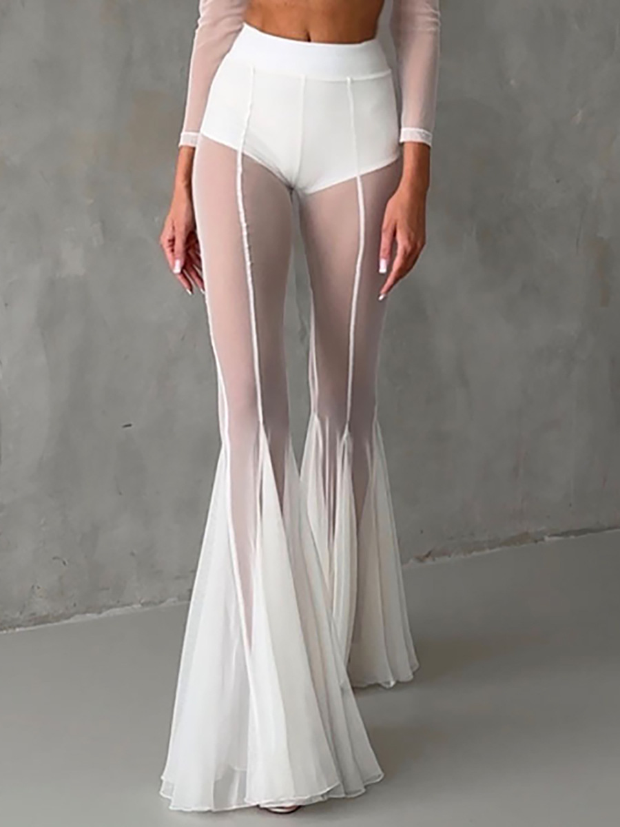 D9559 Amazon Best Selling European and American Clothing Sexy Fashion Elastic Slim Fit Cut Out Transparent Mesh Bell Bottoms