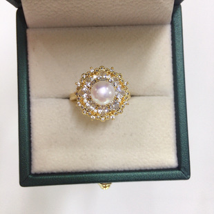 High Brightness Natural Freshwater Pearl Ring Light Luxury High Sense 18K Gold Zircon Round Pearl Ring Wholesale