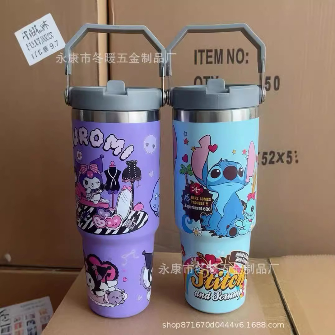 Nuevo 30oz taza de coche patrón de dibujos animados de gran capacidad de acero inoxidable termo de vacío taza de alta apariencia portátil mango de hielo