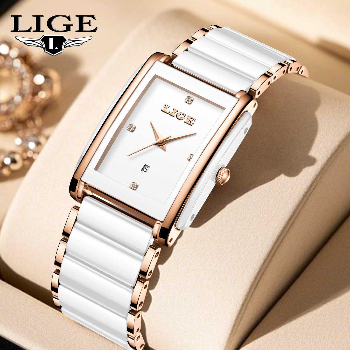LIGE/foreign trade new fashion ceramic stainless steel couple pair watch quartz watch square calendar women's watch
