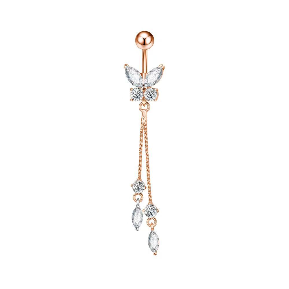 Bague de piercing nombril simple en zircon, ornée de pierres incrustées, papillon et cœur. Vente en gros de clous de nombril. Facile à porter._voghion.com