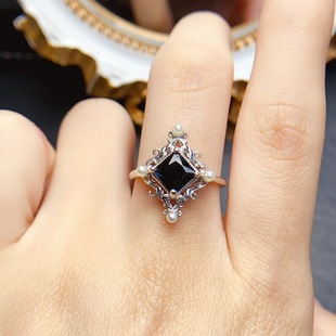 New natural black sharp crystal ring S925 silver inlaid main stone 6*6mm Joker net red explosions women's jewelry wholesale