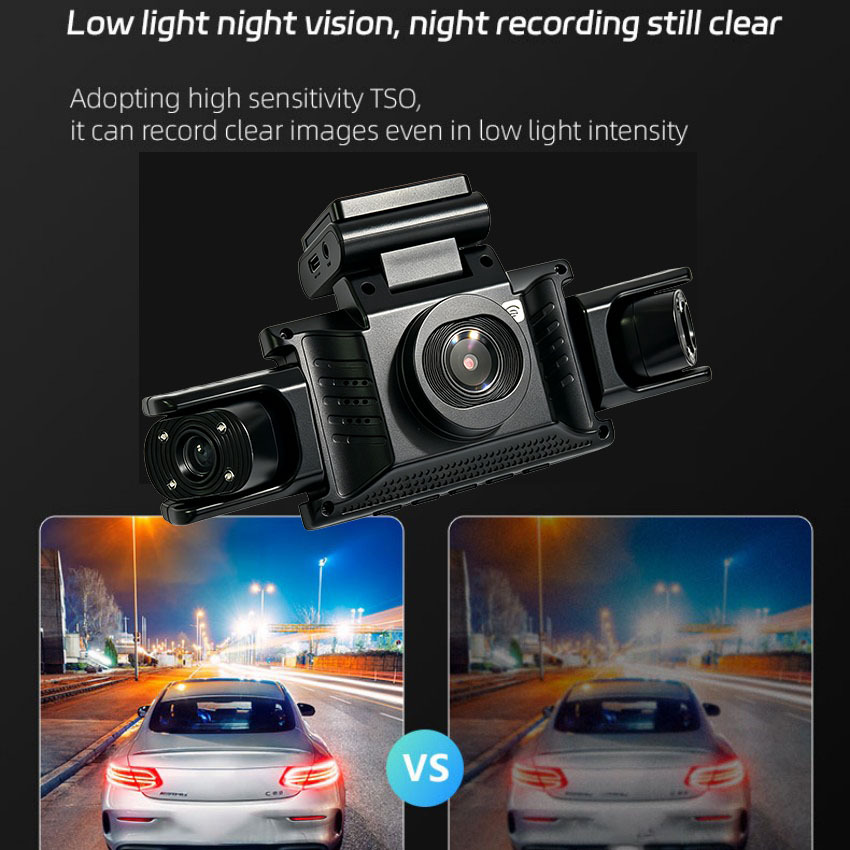 Four-lens dashcam with high-definition night vision, radar, anti-collision features, sentinel mode, and parking monitoring