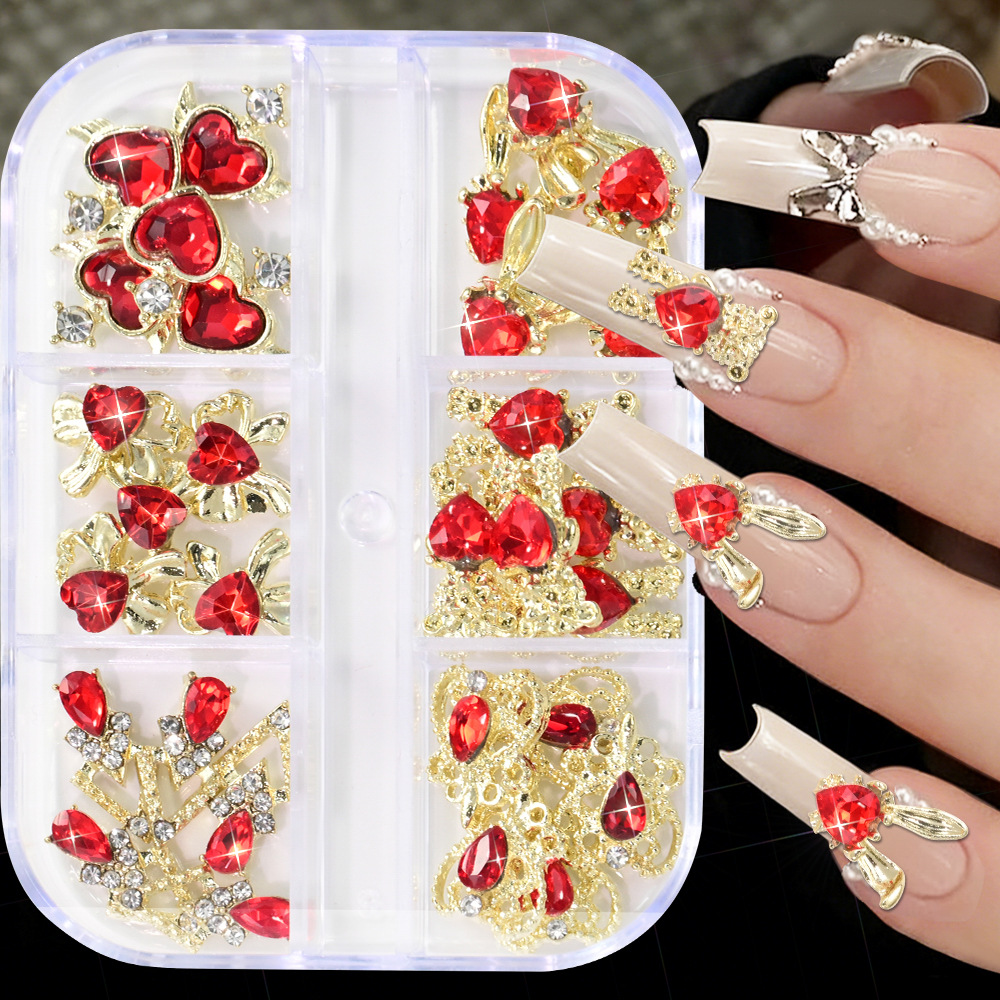 Foreign Trade Boxed Alloy Nail Art Rhinestones for Ladies, Heart-Shaped, Scepter-Shaped, Five-Pointed Star, Red Flat-Back Nail Rhinestones