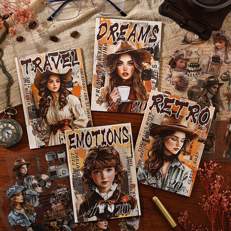 Rastreando los años fugaces, pegatinas de pet transparentes a prueba de agua, pegatinas de diario de bricolaje, pegatinas de chicas europeas retro transfronterizas