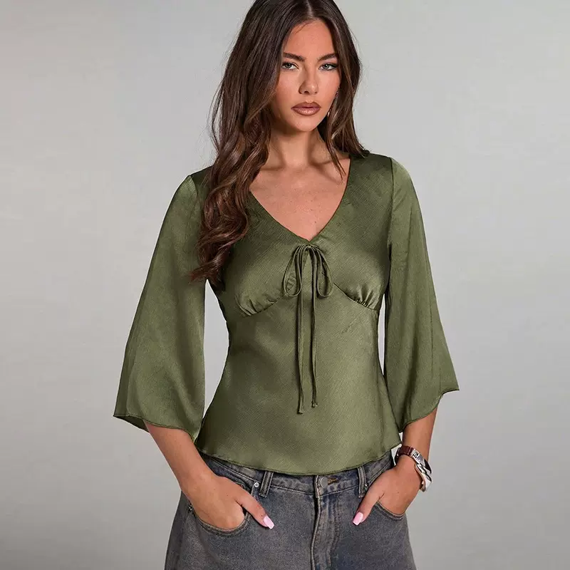 欧美时尚纯色衬衫2026春夏新款跨境亚马逊外贸修身套头V领衬衣女