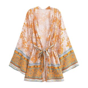 Pb&Za Women's 2024 Autumn New Style Rayon Watermark Positioning Print Belted Short Kimono Loose Top