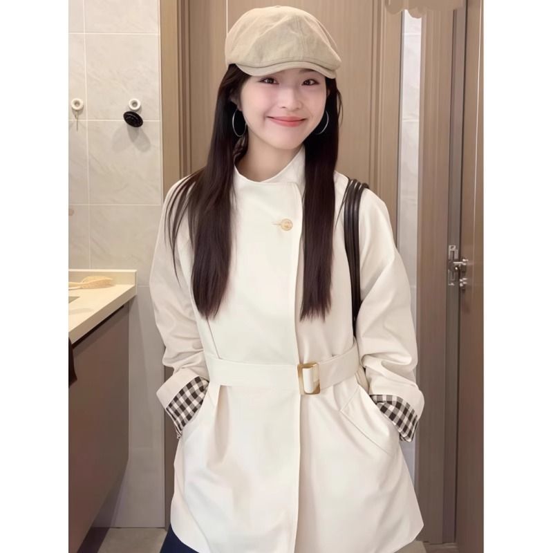 白色立领风衣外套女2025春秋新款中长款小个子感韩系休闲|undefined