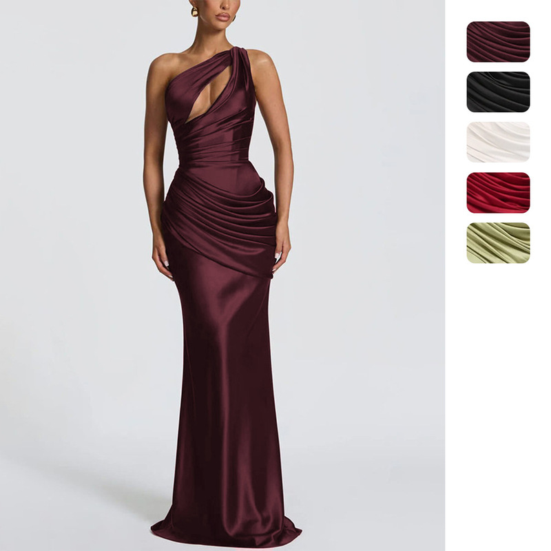 Independent Brand European and American Women's Fashion Satin One-Shoulder Fashion Hollow-Out Pleated Waist-Tie Bodycon Fishtail Dress 8247