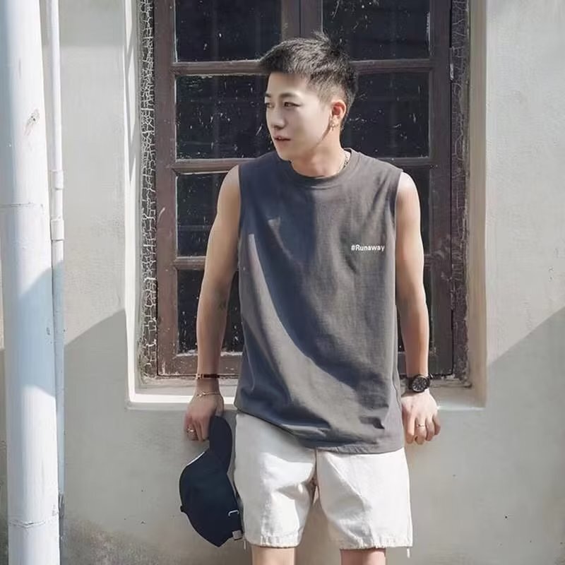 Round neck fashion waistcoat men's summer Japanese casual loose cotton sleeveless T-shirt trendy all-match undershirt