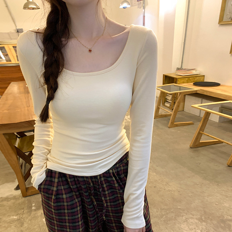 Slim-Fitting Bottoming Shirt with Breast Pads for Women in Spring & Fall, New Square-Neck Long-Sleeved High-End Low-Neck White T-Shirt Top