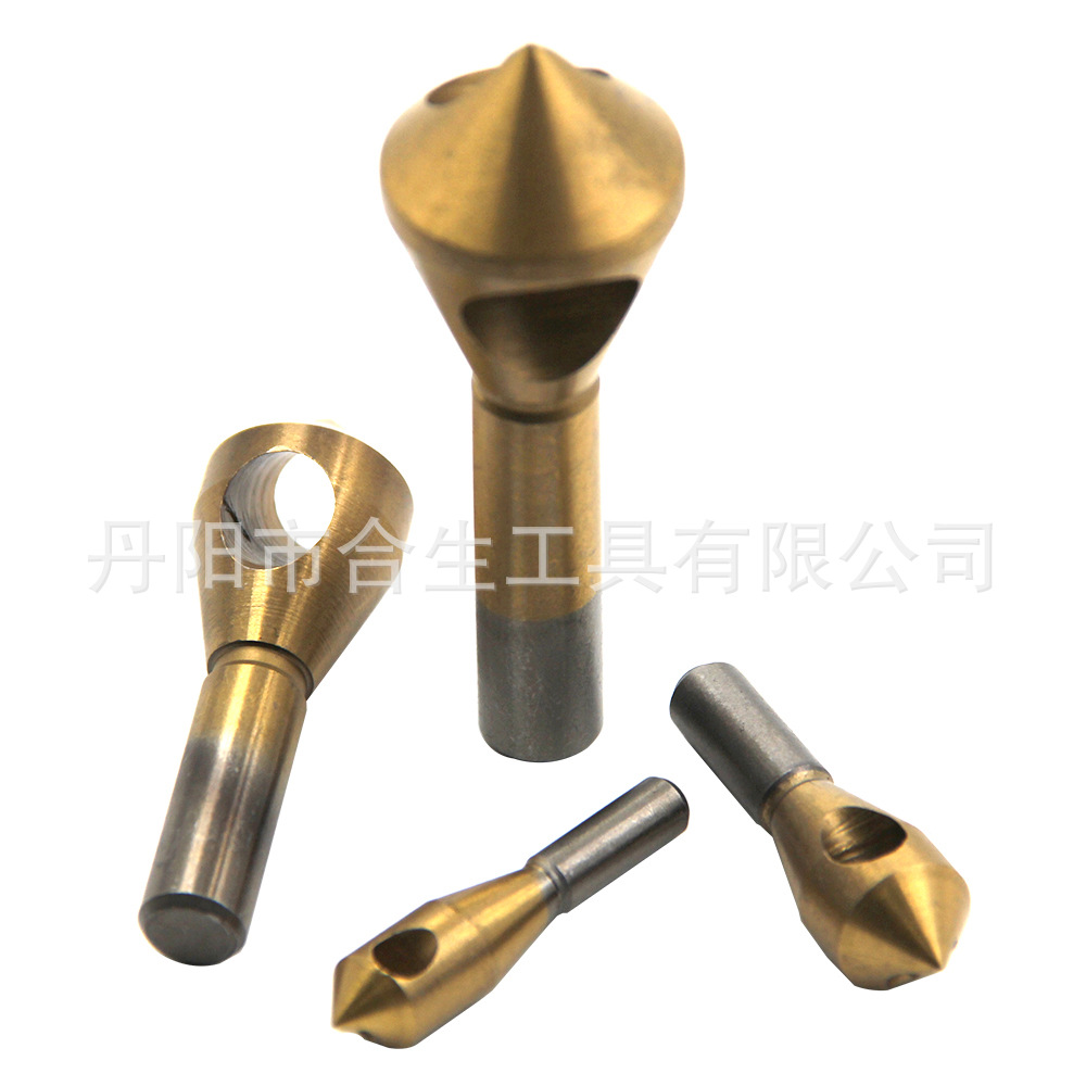 Fábrica al por mayor de 4 piezas de acero de alta velocidad Chapado en titanio agujero oblicuo Dispositivo de biselado eliminación interna de virutas biselado desbarbado traje de perforación