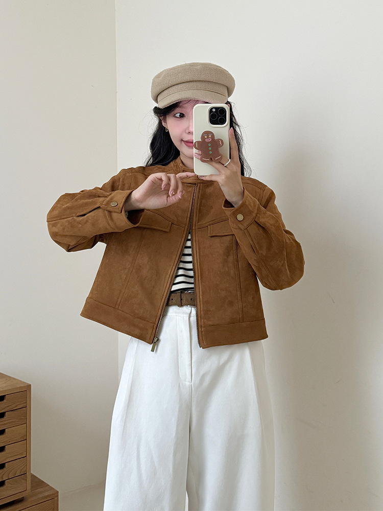 [本初] 小柄なアメリカのレトロなスエードのコート女性24秋冬のゆるいダウンジャケットの上着