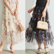 春韓系拼接網紗仙女大擺蓬蓬長款花朵印花法式蕾絲邊網紗半身裙