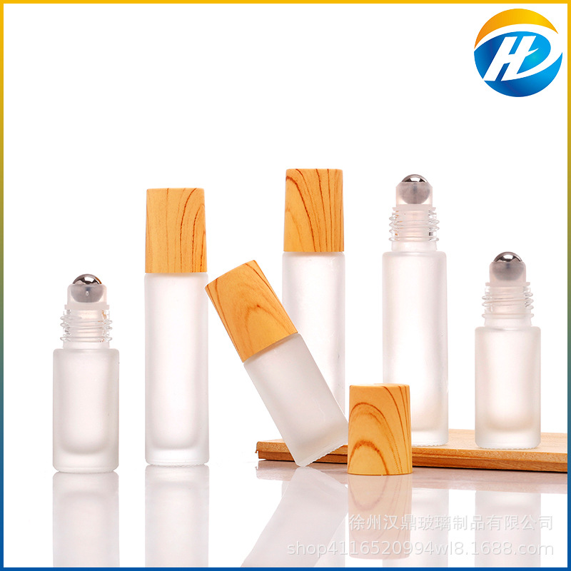 批发蒙砂玻璃5ml10ml木纹盖滚珠瓶香水分装瓶精油滚珠走珠瓶便携