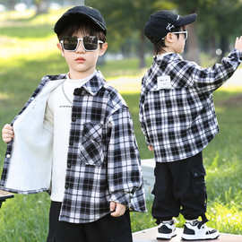 男童冬装长袖格子加绒加厚衬衫外套2024新款儿童休闲保暖衬衣批发