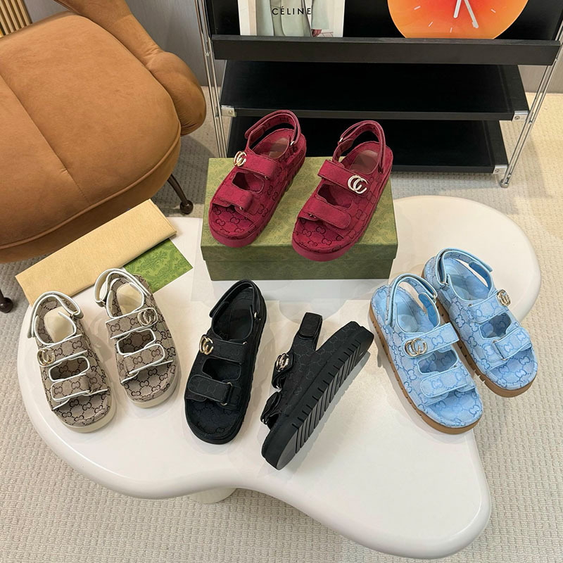 European and American Fashion Casual Sandals 2025 New Double g Letter Metal Thick-Soled Velcro Women's Shoes Open-Toe Export Trend