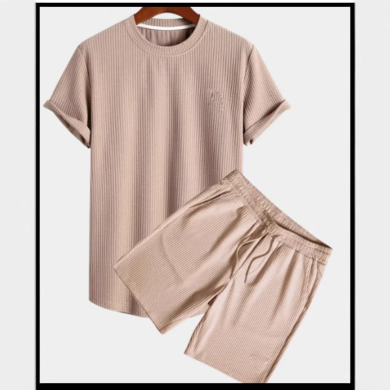 유럽과 미국의 국경 간 대외 무역 2025 여름 남성 반팔 라운드 넥 풀오버 티셔츠 반바지 정장 솔리드 컬러 비치웨어