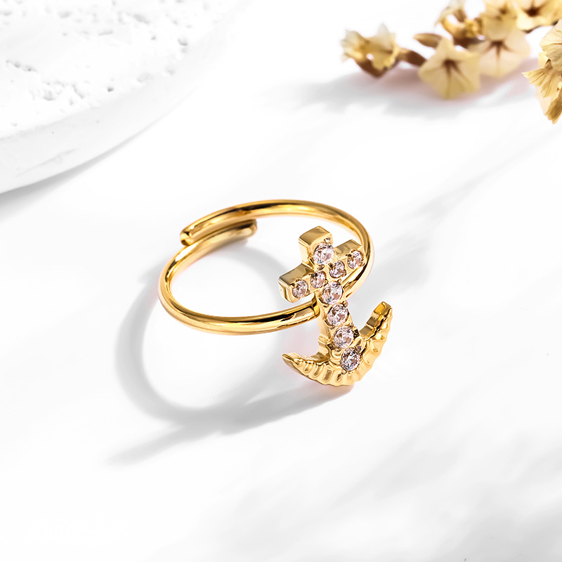 Großhandel Schmuck Ferien Einfacher Stil Anker Titan Stahl Zirkon Inlay Offener Ring display picture 4