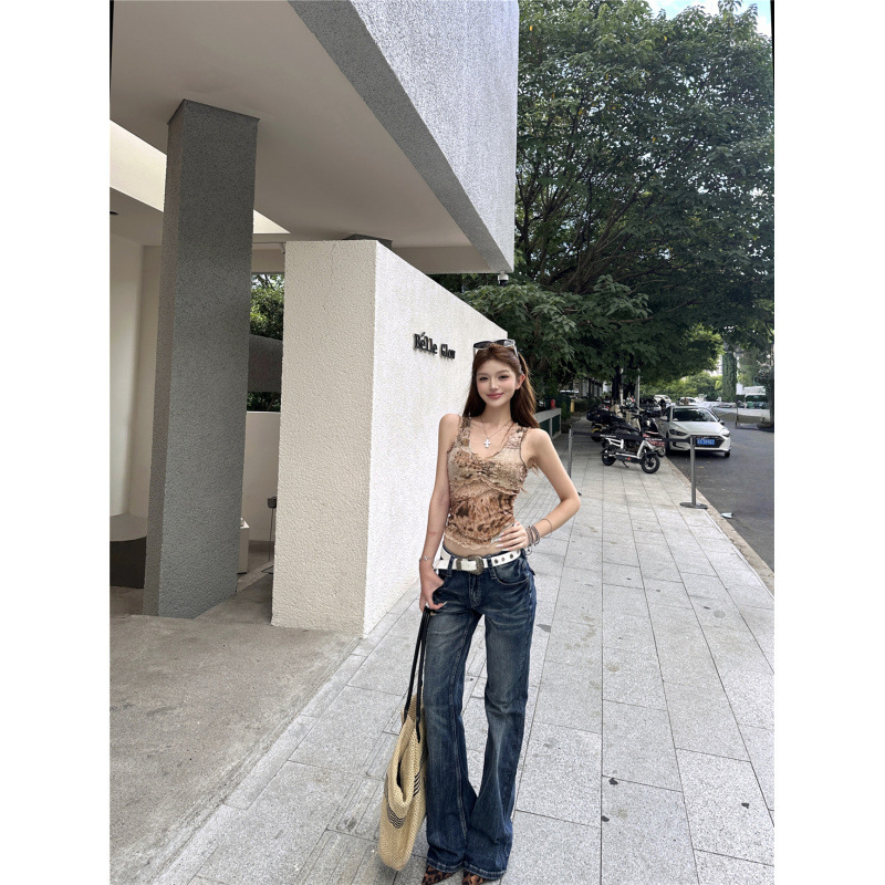 American retro style sexy slim-fit mesh tank top for women, vintage casual low-waist flared jeans, trendy American retro style sexy slim-fit mesh tank top for women, vintage casual low-waist flared jeans, trendy