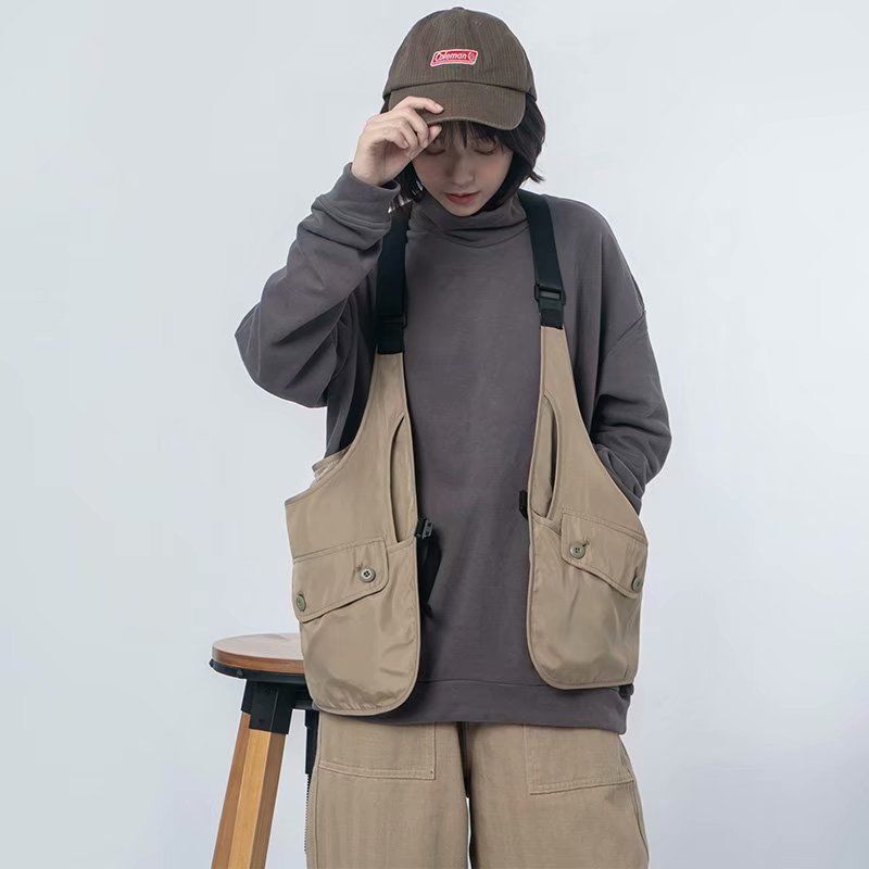 2025 New Spring and Autumn Japanese Retro Couple Jacket Trendy Loose Workwear Camisole Vest Fisherman Vest for Men