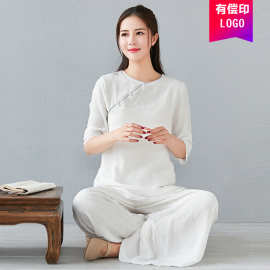 棉麻瑜伽服茶服禅意文艺中式七分袖上衣瑜伽阔腿裤宽松大码套装