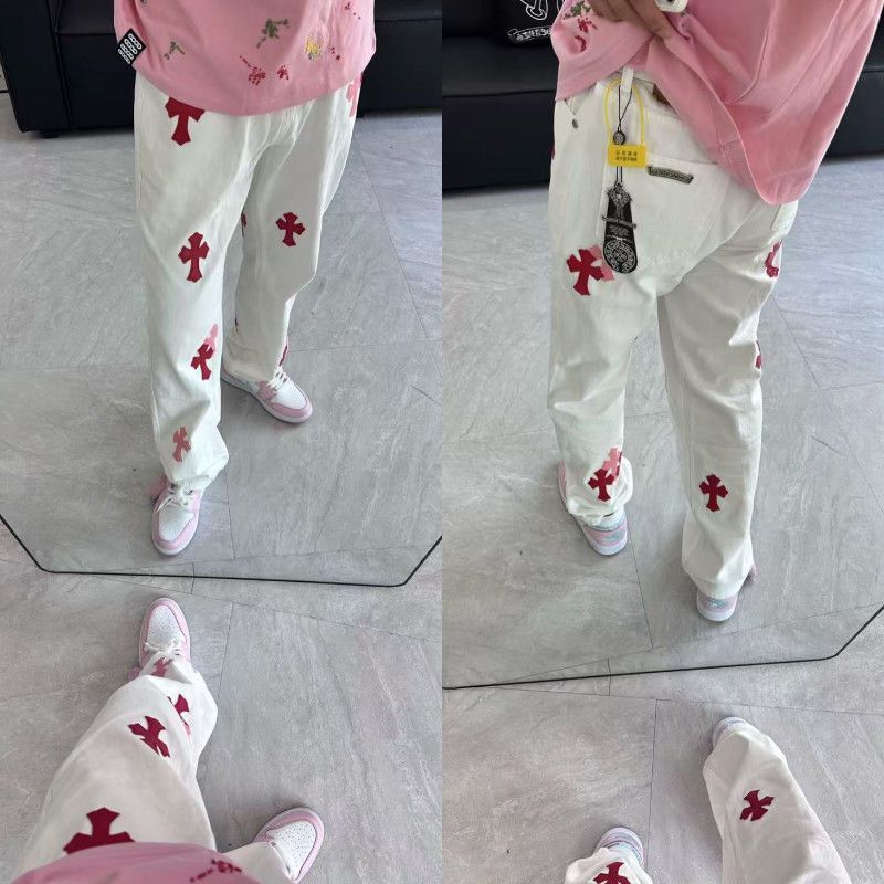 潮牌克罗十字贴皮水洗牛仔裤美式高街男女同款宽松百搭直筒长裤子|undefined
