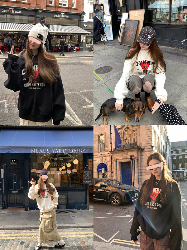 aaaaxbbb LA漫步 小狗爱心印花卫衣oversize宽松设计感长袖上衣女|undefined