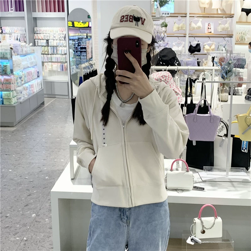 Примерочной осень новая женская одежда сплошной цвет спортивный кардиган на молнии с длинными рукавами свитер с капюшоном 449856/459787