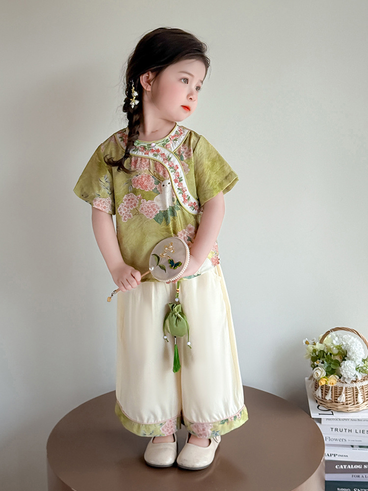 Hanfu niñas traje de estilo chino verano 2025 nuevos pantalones anchos para niños de dos piezas nuevo ropa china para bebés
