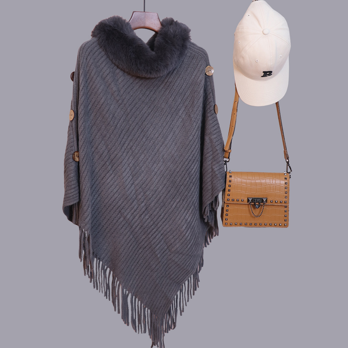 Capa de cuello de lana europea y americana transfronteriza diseño medio largo botón lateral chale de punto