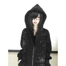 欧美秋冬新款满天星重工烫钻情侣连帽卫衣男女宽松连帽衫外套