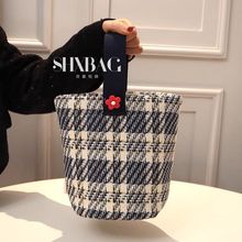 休閑百搭時尚簡約格紋韓國帆布水桶包媽咪包加厚午餐飯盒袋手拎包